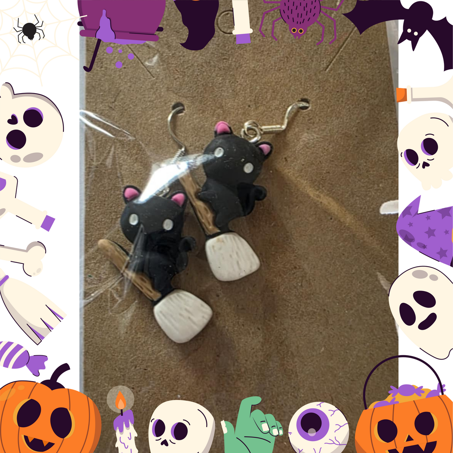 Black Cat Riding Broom Earrings (Clay)