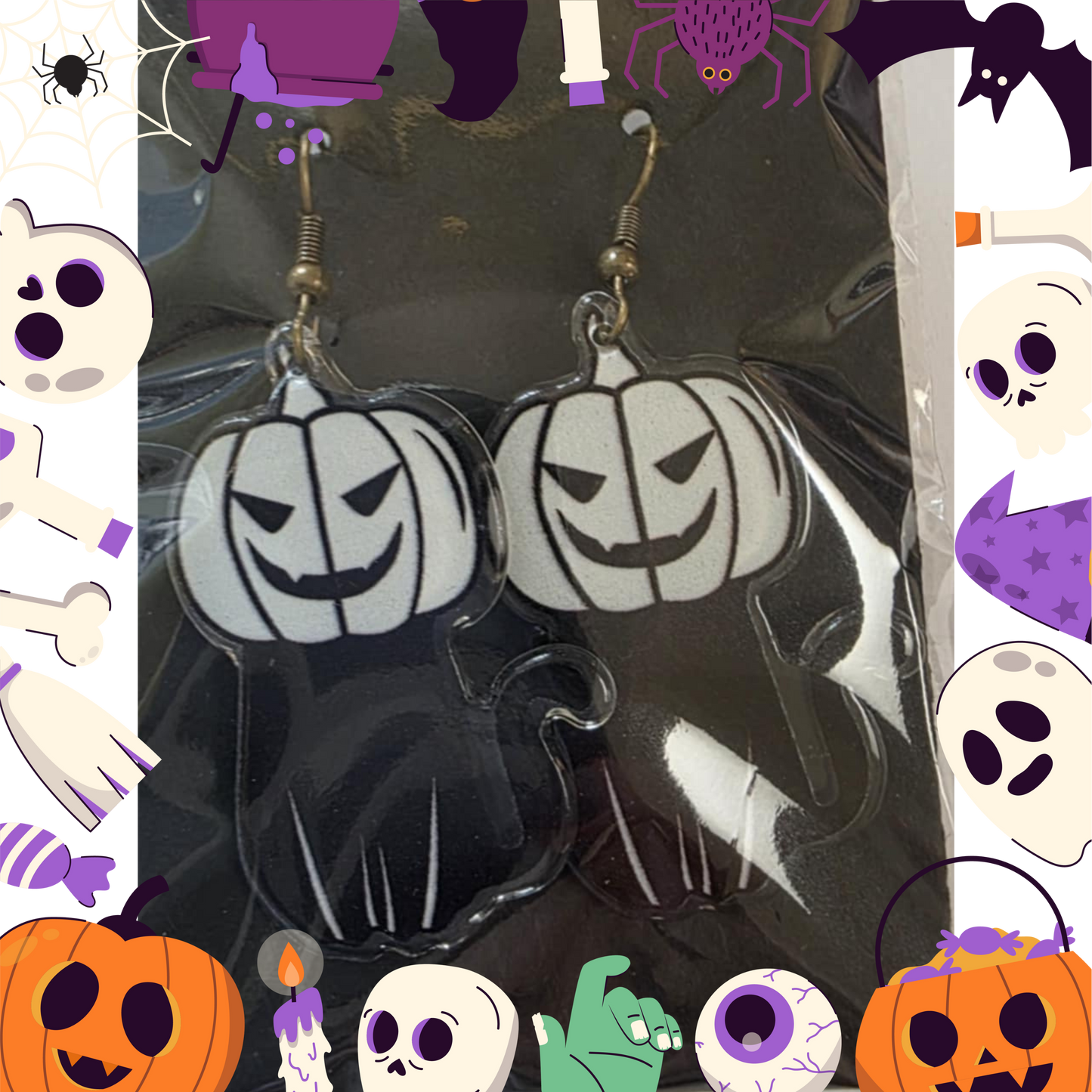 Black Cat with Pumpkin Head Earrings (Acrylic)