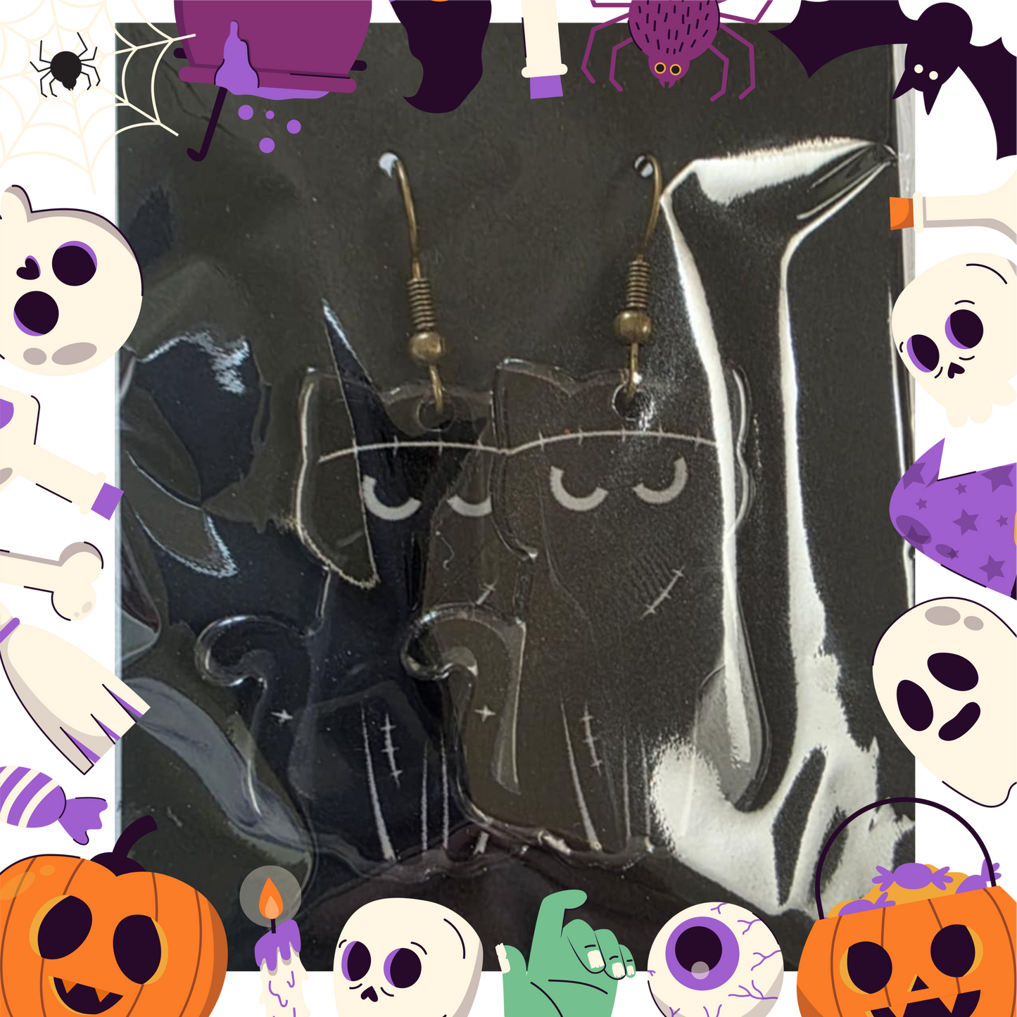 Frankenstein Black Cat Earrings (Acrylic)