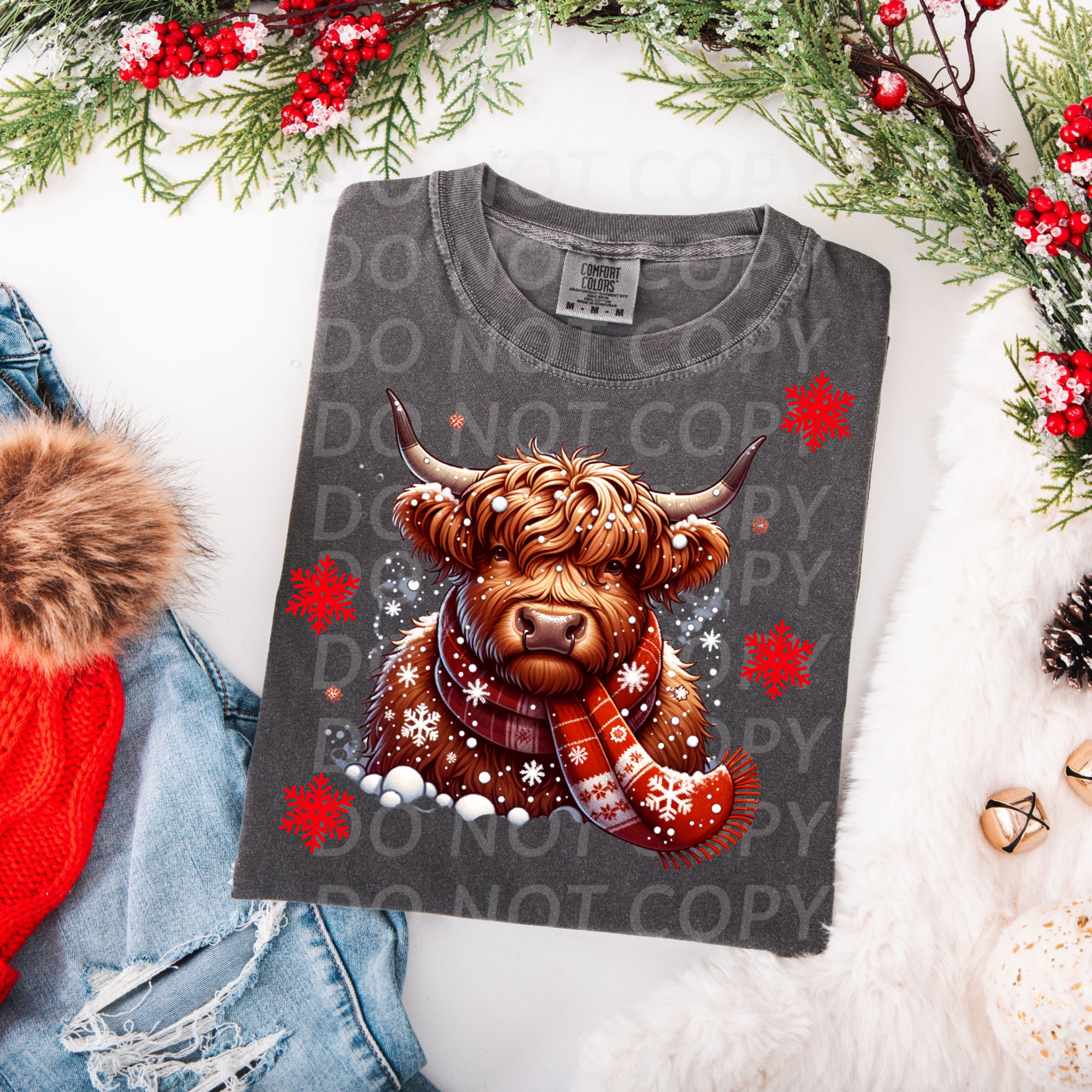 Christmas Cow w Red Snowflakes...DTF Single Print