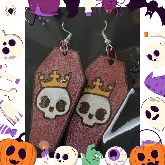 Coffin Skull Pink Earrings (Wooden)