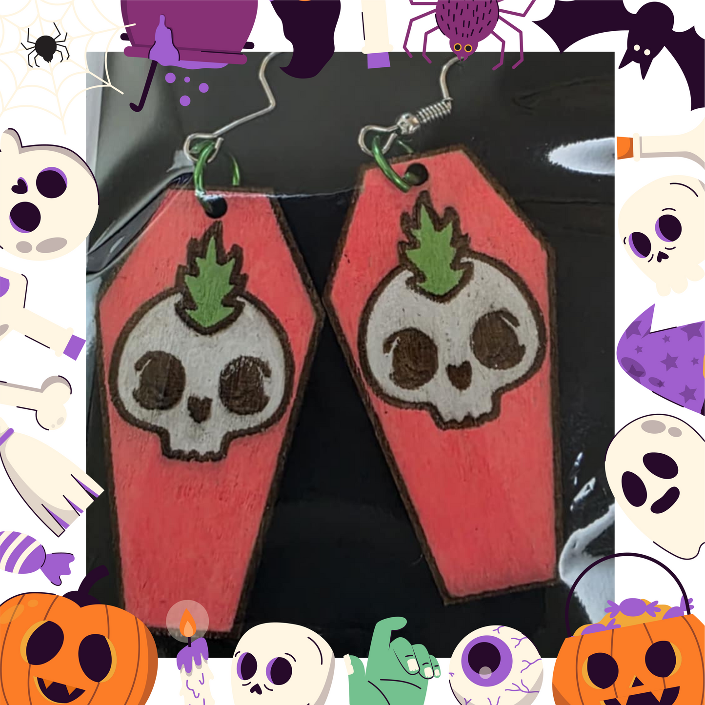 Coffin Pink Skull Earrings (Wooden)