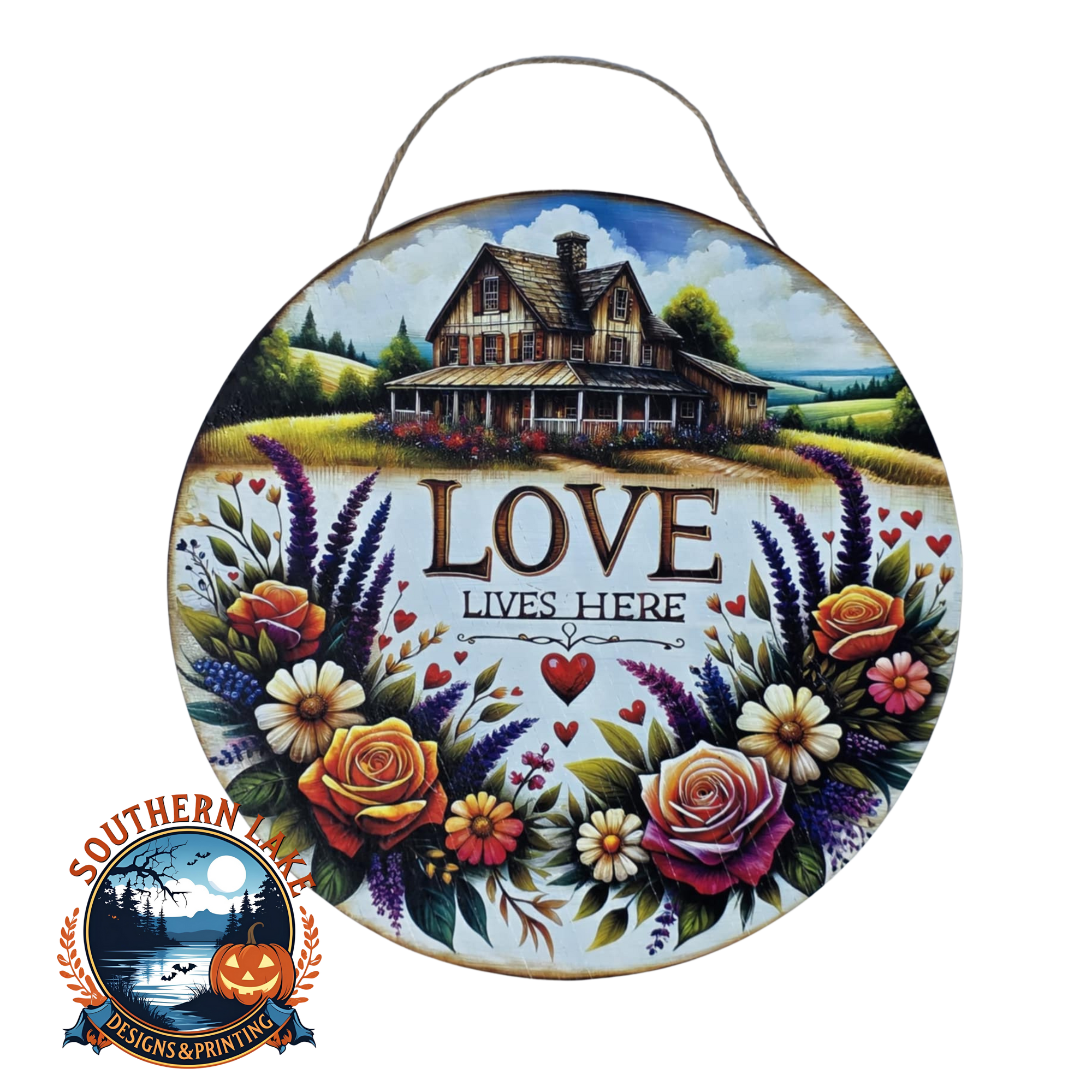 Love Lives Here DTF & Sealed Round Door Hang