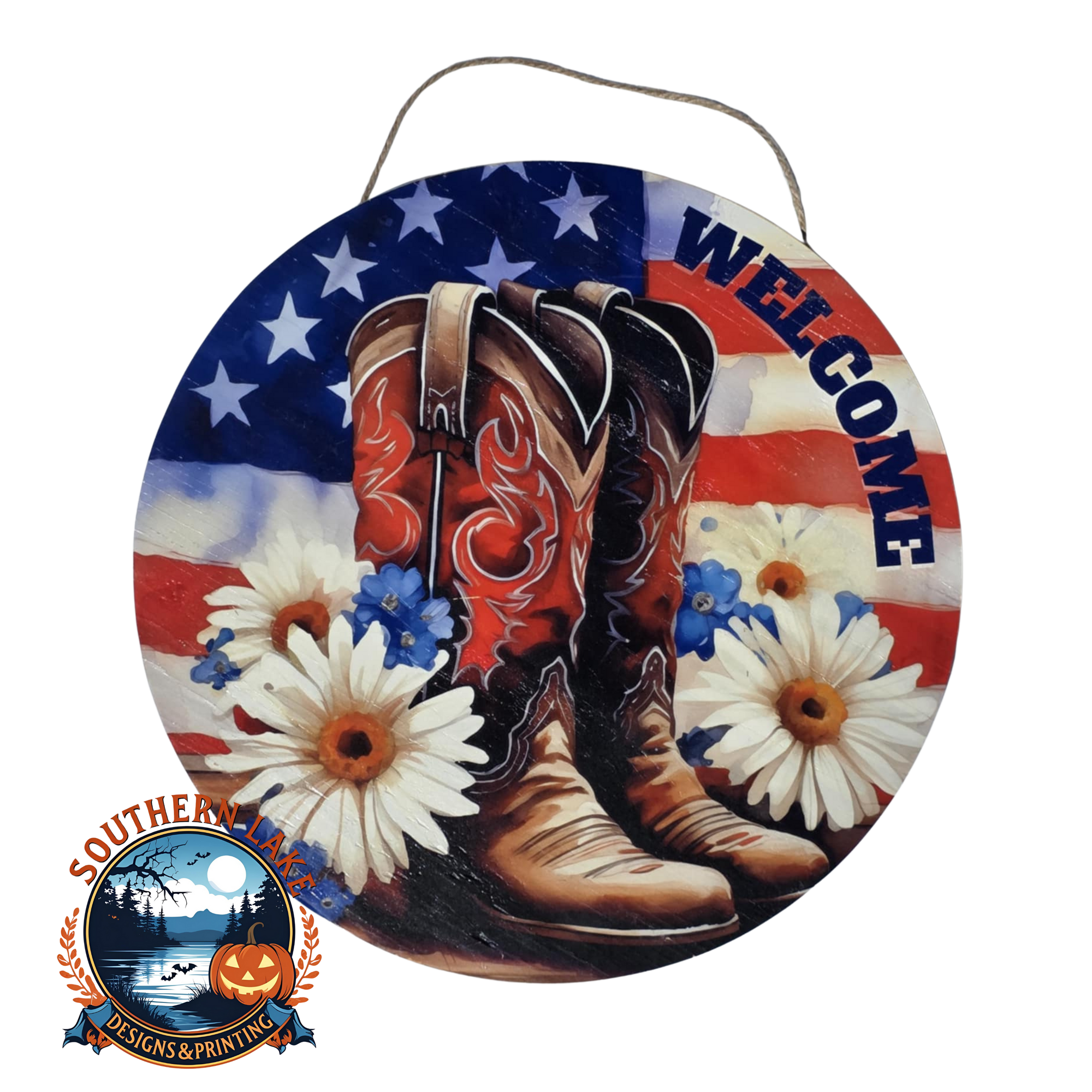 Welcome American Flag and Boots DTF Sealed  Door Hanger