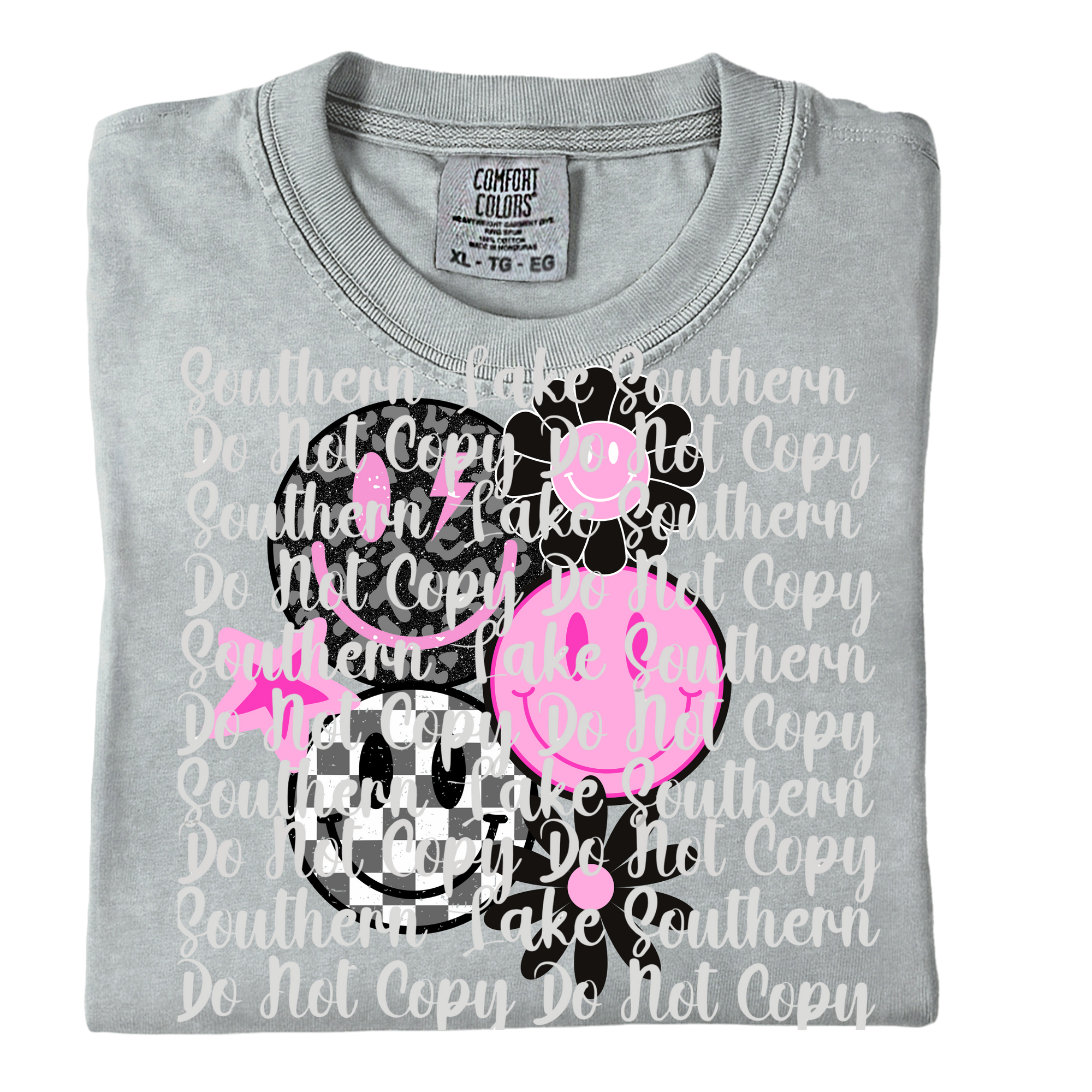 Retro Pink, Grey, Black Smilies and Floral Single DTF Print
