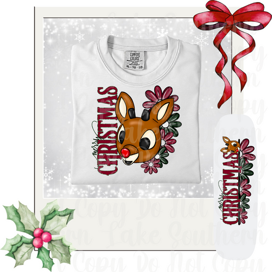 Floral Merry Christmas Rudolph DTF Single Print