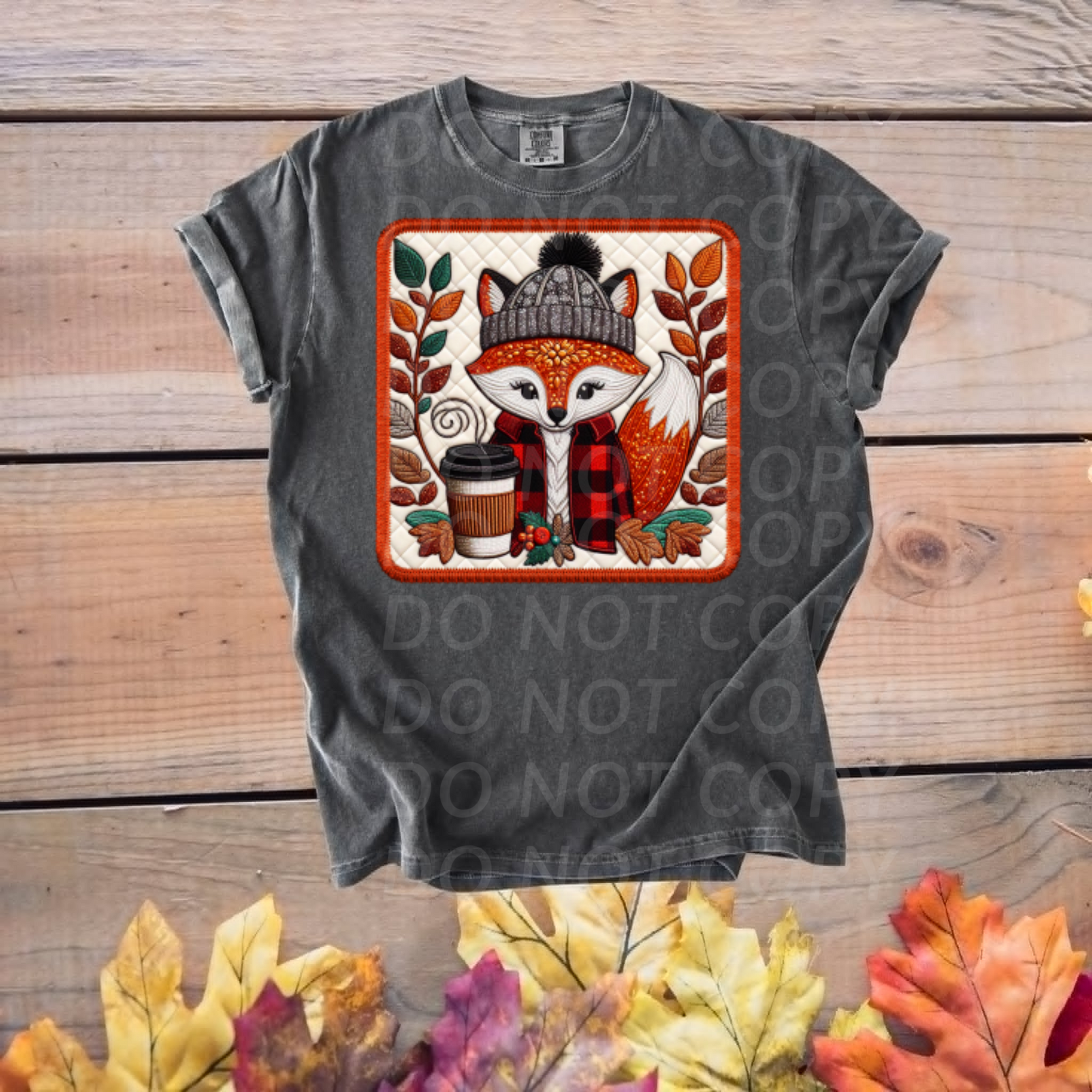 Fox with Coffee Patchwork...DTF Single Print