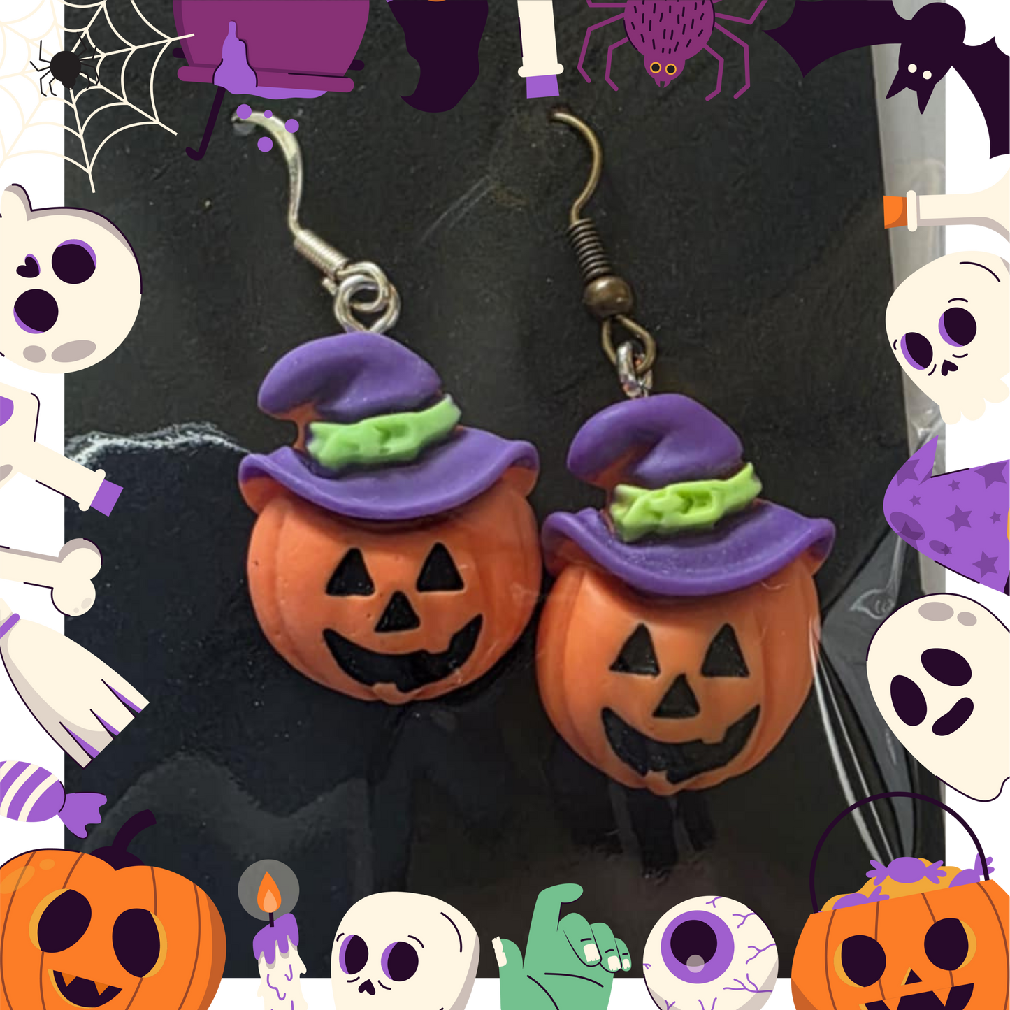 Pumpkin with Purple Witches Hat Earrings (Clay)