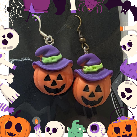 Pumpkin with Purple Witches Hat Earrings (Clay)