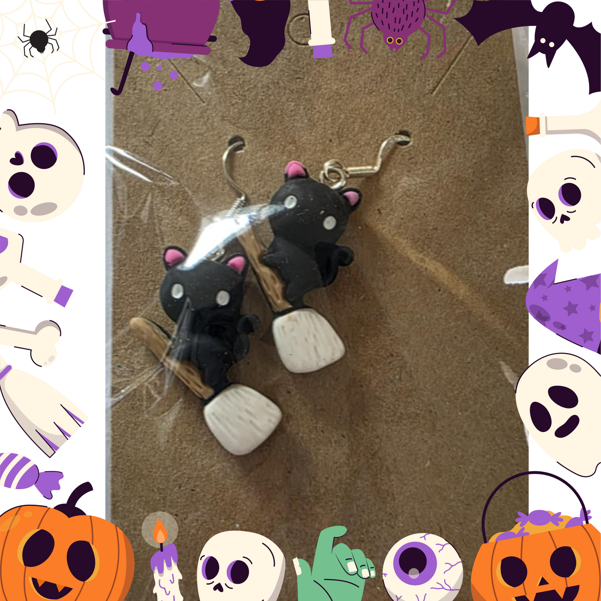 Black Cat Riding Broom Earrings (Clay)